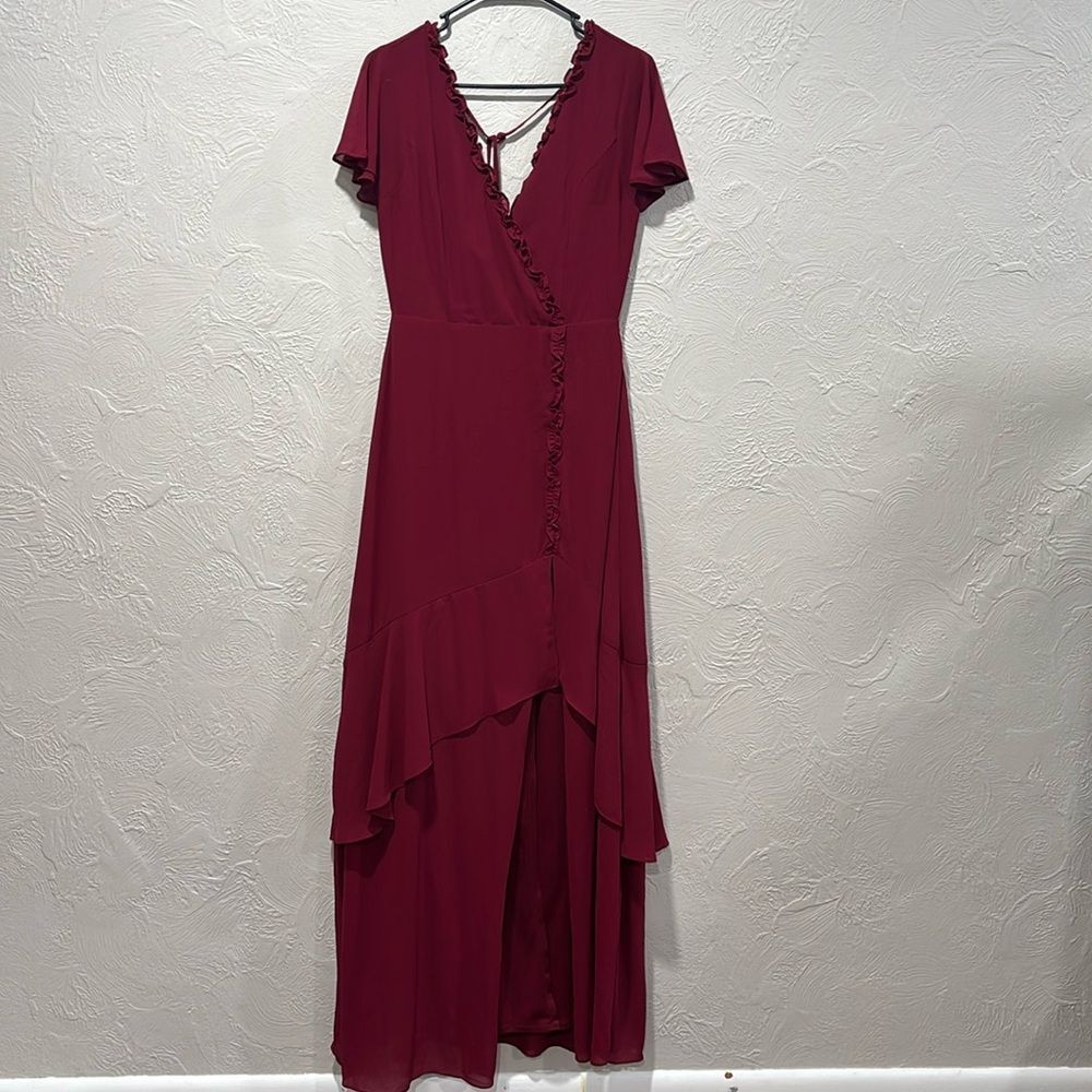 Lulu’s Pour the Champagne Burgundy Ruffled Backless Maxi dress